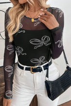 Black Mesh Top with White Bow Pattern Woman T Shirts