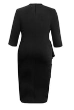 Black Midi Dress with Ruffle Detail and Three Quarter Sleeves Evening Dresses