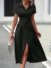 Black Midi Shirt Dress with Tie Waist and Button Down Front Casual Dresses