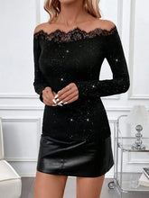 Black Off-Shoulder Lace Trim Top with Leather Skirt Woman T Shirts