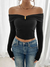 Black Off the Shoulder Long Sleeve Ruched Crop Top Black Woman T Shirts