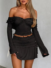Black Off-the-Shoulder Top and Mini Skirt Set for Women Woman T Shirts