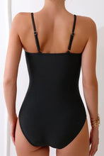 Black One-Piece Swimsuit with Gold V Detail and Cutout Chest Swimwear