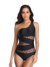 Black One-Shoulder Polka Dot Mesh Swimsuit Swimwear