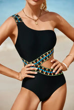 Black One-Shoulder Swimsuit with Geometric Cutout Black Swimwear