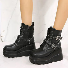 Black Platform Wedge Boots with Buckles for Women Woman Boots