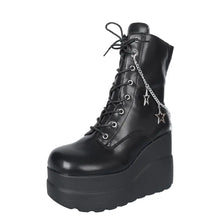 Black Platform Wedge Boots with Star Chain Detail for Women Black Woman Boots