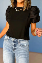 Black Puff Sleeve Cotton Blend Blouse Woman T Shirts