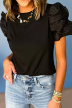 Black Puff Sleeve Cotton Blend Blouse Woman T Shirts