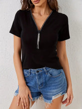 Black Rhinestone Zipper Short Sleeve T Shirt for Women Black Woman T Shirts