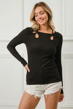 Black Rib Knit Long Sleeve Top with Shoulder Cutouts and Tied Neck Woman T Shirts