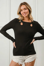 Black Rib Knit Long Sleeve Top with Shoulder Cutouts and Tied Neck Woman T Shirts