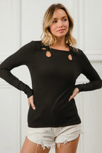 Black Rib Knit Long Sleeve Top with Shoulder Cutouts and Tied Neck Woman T Shirts