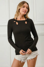 Black Rib Knit Long Sleeve Top with Shoulder Cutouts and Tied Neck Woman T Shirts