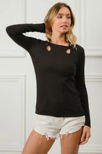 Black Rib Knit Long Sleeve Top with Shoulder Cutouts and Tied Neck Woman T Shirts