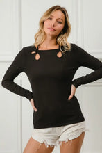 Black Rib Knit Long Sleeve Top with Shoulder Cutouts and Tied Neck BLACK Woman T Shirts