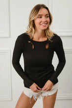 Black Rib Knit Long Sleeve Top with Shoulder Cutouts and Tied Neck Woman T Shirts
