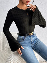 Black Ribbed Knit Bell Sleeve Top Woman T Shirts