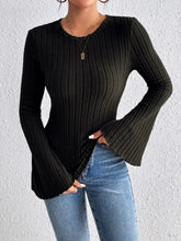 Black Ribbed Knit Bell Sleeve Top Woman T Shirts