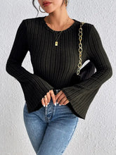 Black Ribbed Knit Bell Sleeve Top Woman T Shirts