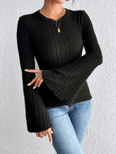 Black Ribbed Knit Bell Sleeve Top Woman T Shirts