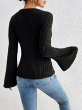 Black Ribbed Knit Bell Sleeve Top Woman T Shirts