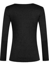 Black Ribbed Knit Long Sleeve Top with Button and Pocket Detail Woman T Shirts