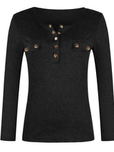 Black Ribbed Knit Long Sleeve Top with Button and Pocket Detail Woman T Shirts