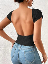 Black Ribbed Knit Short Sleeve Backless Crop Top for Women Woman T Shirts