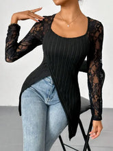 Black Ribbed Knit Top with Lace Sleeves for Women Woman T Shirts