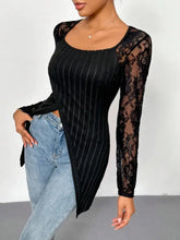 Black Ribbed Knit Top with Lace Sleeves for Women Woman T Shirts