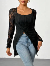 Black Ribbed Knit Top with Lace Sleeves for Women Woman T Shirts