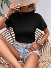 Black Ribbed Short Sleeve Mock Neck Top for Women Black Woman T Shirts