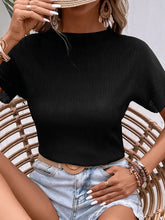 Black Ribbed Short Sleeve Mock Neck Top for Women Woman T Shirts