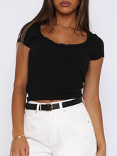 Black Ribbed Short Sleeve Top with Lace Detail for Women Black Woman T Shirts