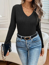 Black Ribbed V-Neck Long Sleeve Sweater for Women Woman T Shirts