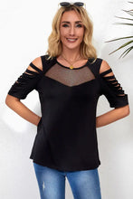 Black Round Neck Cold Shoulder Top with Short Sleeve Length Woman T Shirts