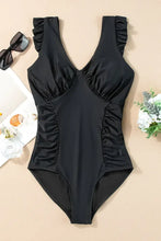 Black Ruffled Chest One Piece Swimsuit Stretchy Swimwear Swimwear