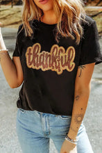 Black Sequin Thankful T Shirt with Rolled Sleeves for Women Black Woman T Shirts