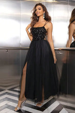 Black Sequined Backless Tulle Gown Evening Dresses