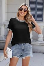 Black Short Sleeve T Shirt with Striped Trim for Women Black Woman T Shirts