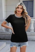 Black Short Sleeve T Shirt with Striped Trim for Women Woman T Shirts