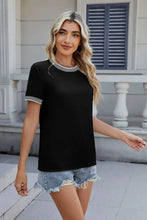 Black Short Sleeve T Shirt with Striped Trim for Women Woman T Shirts