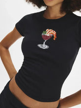 Black Shrimp Cocktail Graphic Short Sleeve T-Shirt for Women Black Woman T Shirts