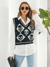 Black Skull Pattern Sweater Vest with White Trim for Women Woman Outerwear