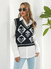 Black Skull Pattern Sweater Vest with White Trim for Women Woman Outerwear