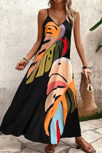 Black Spaghetti Strap Maxi Dress with Colorful Leaf Print and Pockets Black Maxi Dresses