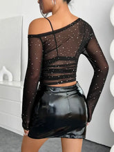 Black Sparkly Mesh Top and Shiny Mini Skirt Set for Women Woman T Shirts