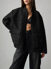 Black Sparkly Tweed Jacket for Women with Pockets Woman Outerwear