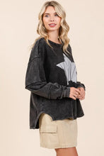 Black Star Graphic Long Sleeve Top with Mineral Wash Woman T Shirts